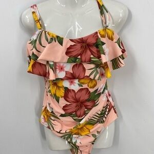 Kona sol Hawaiian tropical floral print double ruffle one piece bathing suit